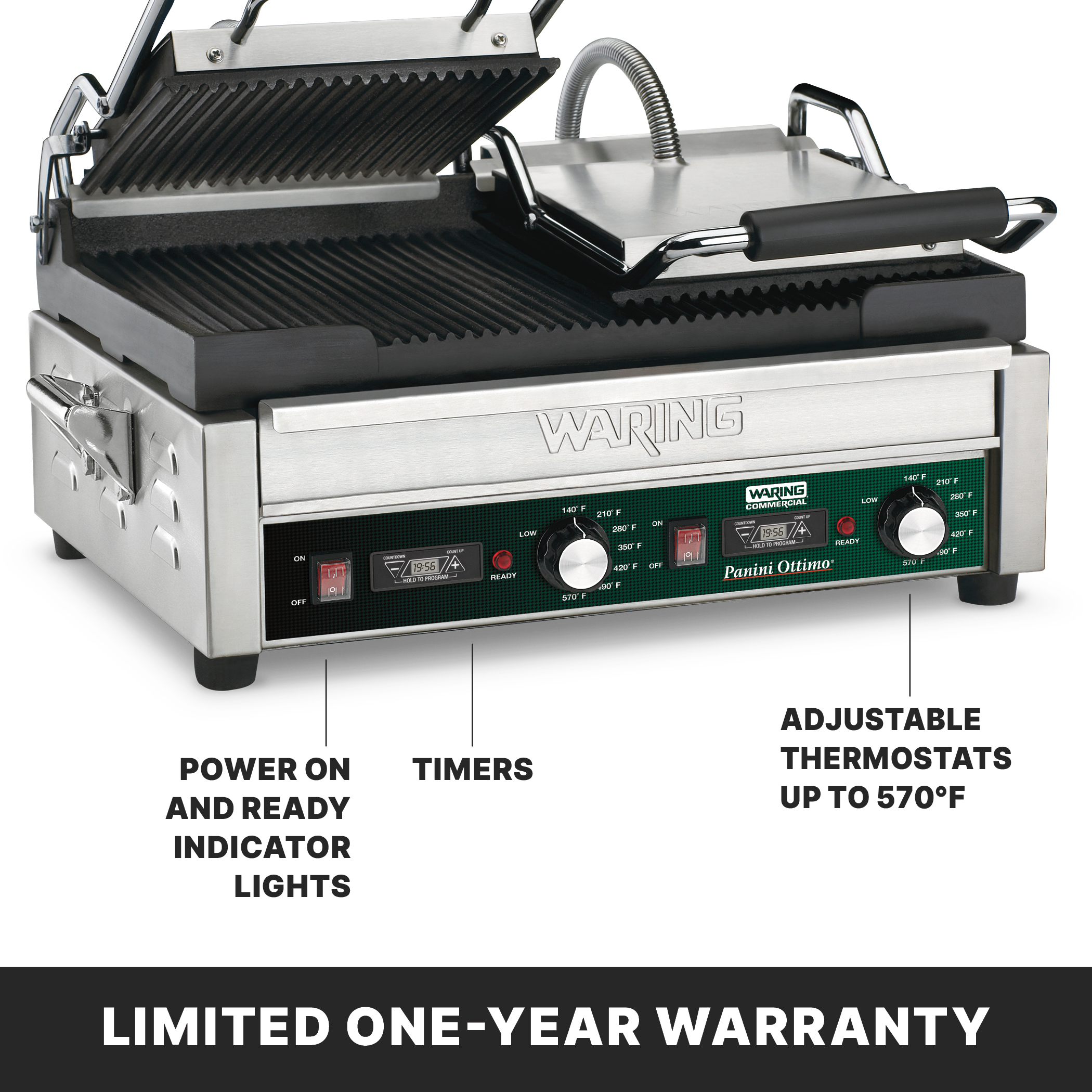 Double Ribbed Panini Grill with Timer, 17" x 9.5"